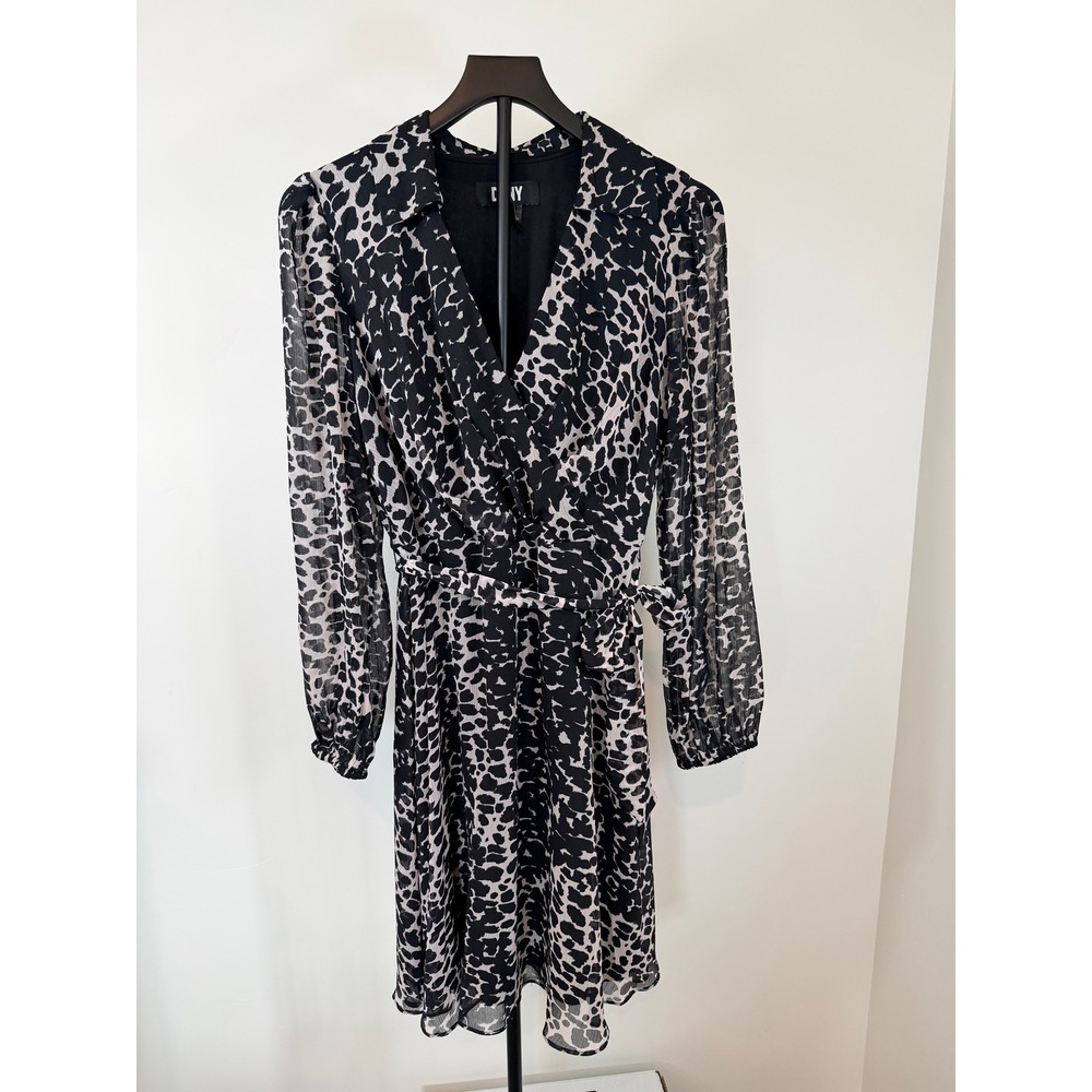 DKNY Womens Animal Print Faux Wrap Dress Long Sleeve Black White 10 DD0E7447